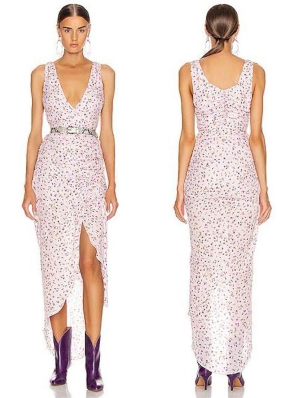 Nicholas Women's Pink Silk Floral Ruched V-Neck Asymmetrical Maxi Dress Size 2